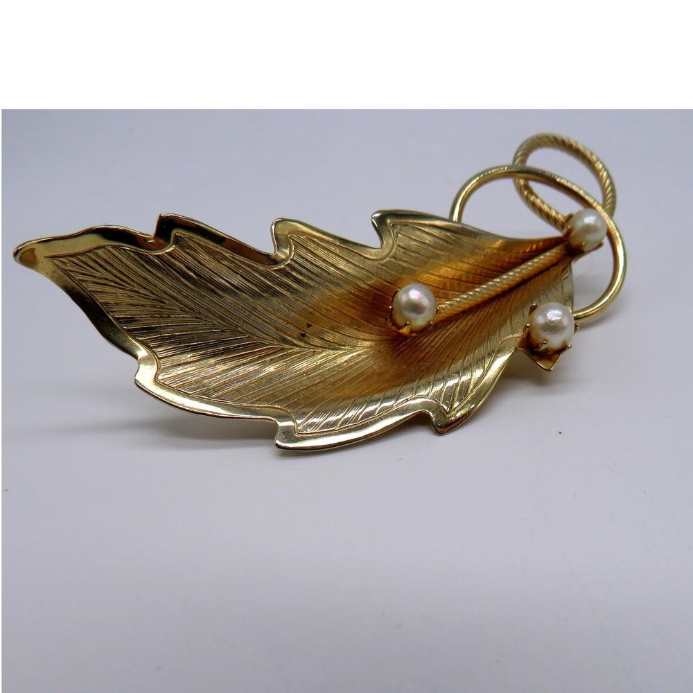 Vintage Gold Tone Leaf Brooch with Faux Pearl Accents Textured 3 Inch
